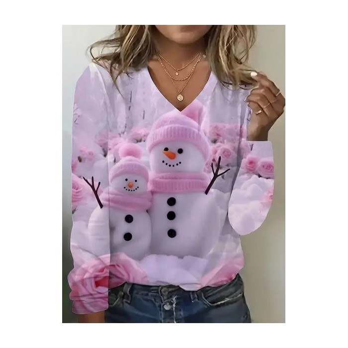 Women Christmas Snowman Long Sleeve Tee T-shirt V Neck Printing Casual Spring/Fall Graphic Tee Top