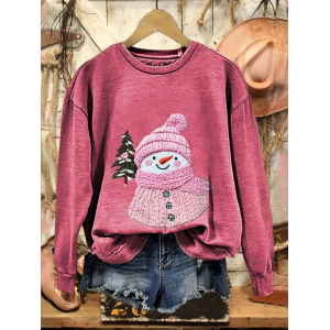 Women Christmas Snowman Crew Neck Printing Casual Spring/Fall Long Sleeve Sweatshirt