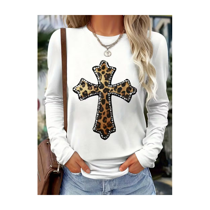 Women Leopard Long Sleeve Tee T-shirt Crew Neck Printing Casual Spring/Fall Graphic Tee Top