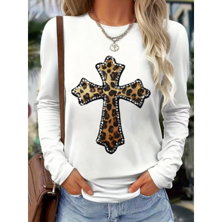 Women Leopard Long Sleeve Tee T-shirt Crew Neck Printing Casual Spring/Fall Graphic Tee Top