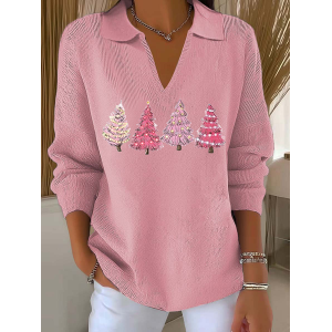 Women Christmas Printing Spring/Fall Casual Long Sleeve Shawl Collar Sweater