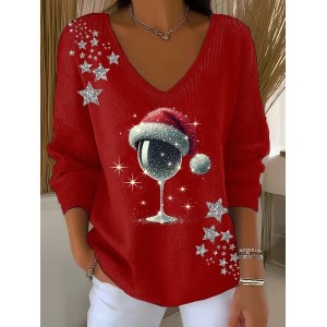 Women Christmas Long Sleeve Tee T-shirt V Neck Printing Casual Spring/Fall Top