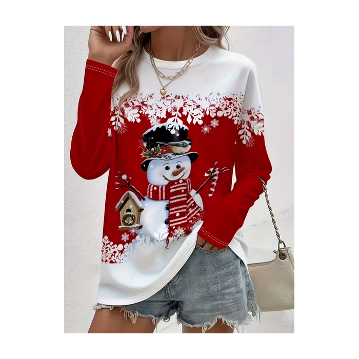 Women Christmas Snowman Long Sleeve Tee T-shirt Crew Neck Printing Casual Spring/Fall Graphic Tee Top