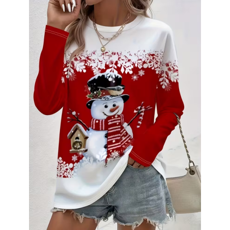 Women Christmas Snowman Long Sleeve Tee T-shirt Crew Neck Printing Casual Spring/Fall Graphic Tee Top