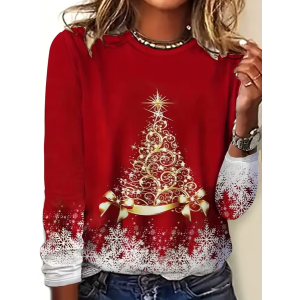 Women Christmas Long Sleeve Tee T-shirt Crew Neck Printing Casual Spring/Fall Graphic Tee Top