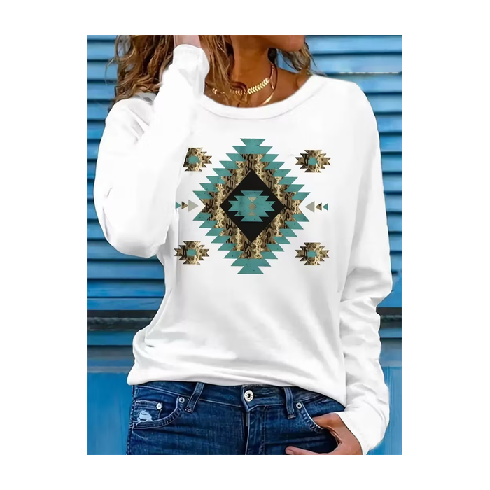 Women Ethnic Long Sleeve Tee T-shirt Crew Neck Printing Casual Spring/Fall Graphic Tee Top
