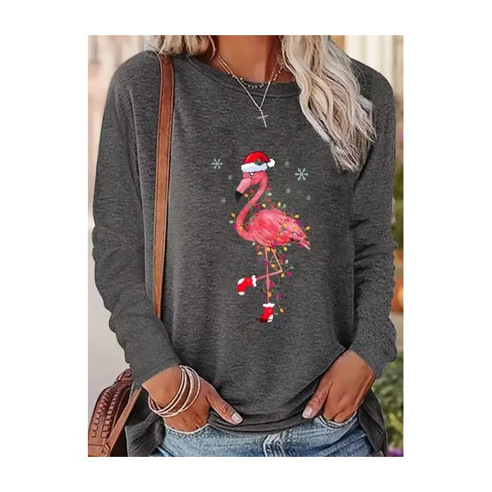 Women Flamingo Long Sleeve Tee T-shirt Crew Neck Printing Casual Spring/Fall Graphic Tee Top