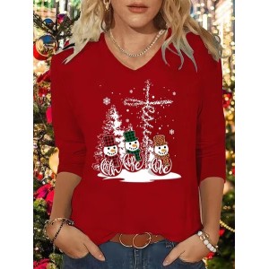 Women Christmas Snowman Long Sleeve Tee T-shirt V Neck Printing Casual Spring/Fall Graphic Tee Top