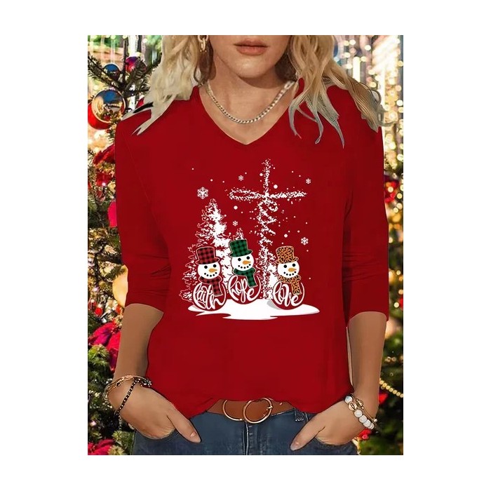 Women Christmas Snowman Long Sleeve Tee T-shirt V Neck Printing Casual Spring/Fall Graphic Tee Top