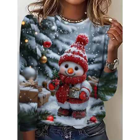Women Christmas Snowman Long Sleeve Tee T-shirt Crew Neck Printing Casual Spring/Fall Graphic Tee Top