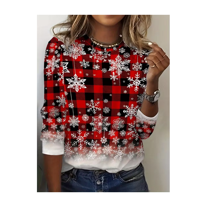 Women Plaid Long Sleeve Tee T-shirt Crew Neck Printing Casual Spring/Fall Graphic Tee Top