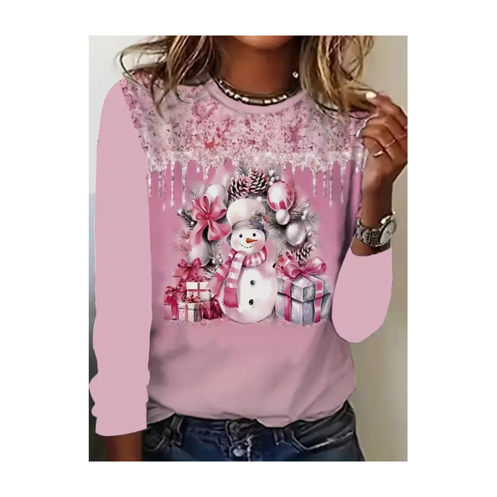 Women Christmas Snowman Long Sleeve Tee T-shirt Crew Neck Printing Casual Spring/Fall Graphic Tee Top