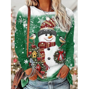 Women Christmas Snowman Long Sleeve Tee T-shirt Crew Neck Printing Casual Spring/Fall Graphic Tee Top
