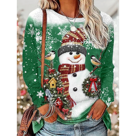 Women Christmas Snowman Long Sleeve Tee T-shirt Crew Neck Printing Casual Spring/Fall Graphic Tee Top