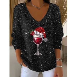 Women Christmas Long Sleeve Tee T-shirt V Neck Printing Casual Spring/Fall Top