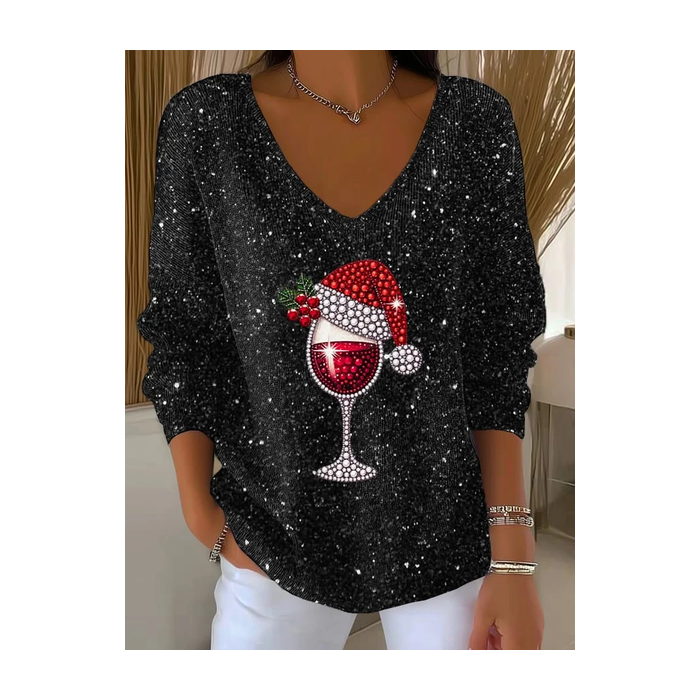Women Christmas Long Sleeve Tee T-shirt V Neck Printing Casual Spring/Fall Top