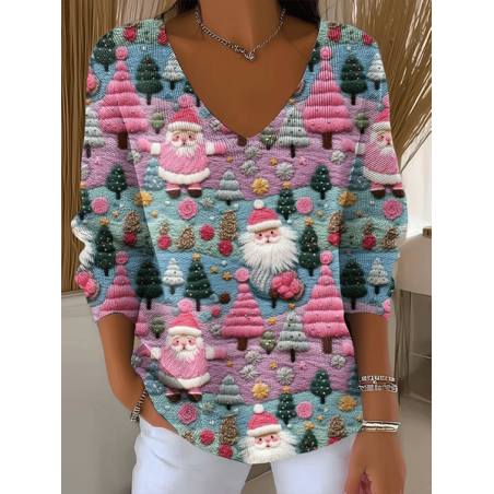 Women Santa Claus Long Sleeve Tee T-shirt V Neck Printing Casual Spring/Fall Top