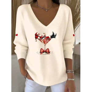 Women Santa Claus Long Sleeve Tee T-shirt V Neck Printing Casual Spring/Fall Top