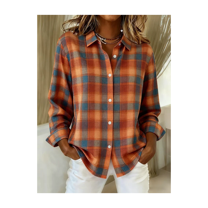 Women Plaid Long Sleeve Shirt Spring/Fall Buckle Shirt Collar Regular Sleeve Daily Casual Top