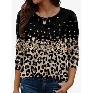 Women's Long Sleeve Tee T-shirt Spring/Fall Leopard Jersey Crew Neck Holiday Going Out Casual Top