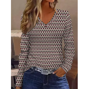 Women Abstract Long Sleeve Tee T-shirt V Neck Printing Casual Spring/Fall Graphic Tee Top