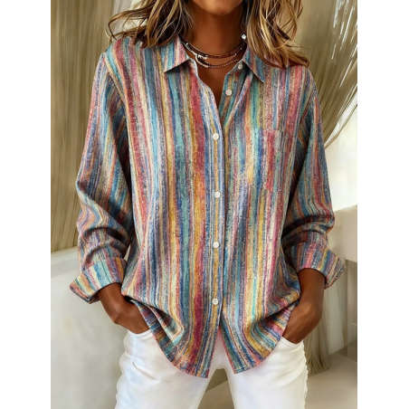 Women Striped Long Sleeve Shirt Spring/Fall Buckle Shirt Collar Regular Sleeve Daily Casual Top