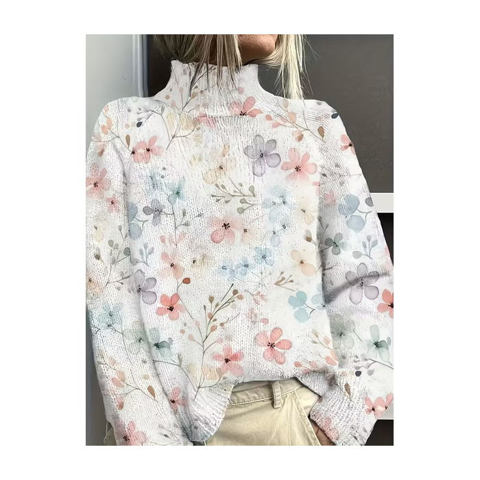 Women Floral Printing Spring/Fall Vintage Long Sleeve Turtleneck Sweater