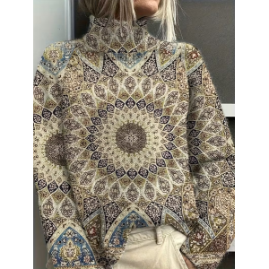 Women Abstract Printing Spring/Fall Vintage Long Sleeve Turtleneck Sweater
