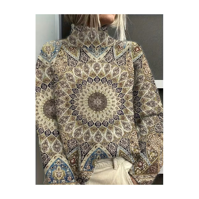 Women Abstract Printing Spring/Fall Vintage Long Sleeve Turtleneck Sweater