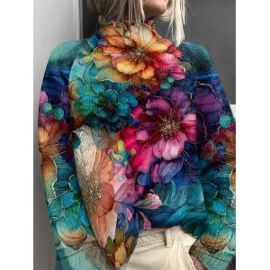 Women Floral Printing Spring/Fall Vintage Long Sleeve Turtleneck Sweater