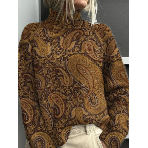 Women Floral Printing Spring/Fall Vintage Long Sleeve Turtleneck Sweater