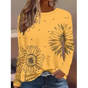 Women Sunflower Long Sleeve Tee T-shirt Crew Neck Printing Casual Spring/Fall Graphic Tee Top