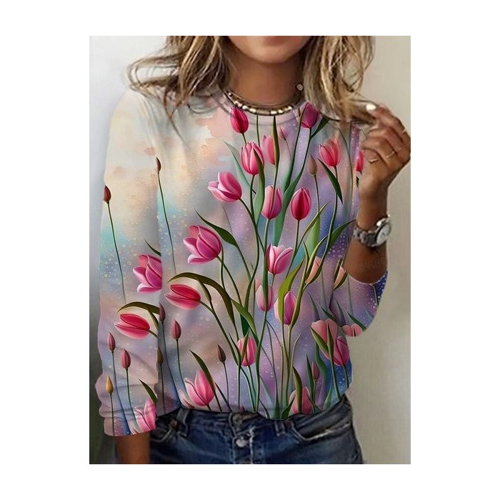 Women's Long Sleeve Tee T-shirt Spring/Fall Floral Jersey Crew Neck Daily Going Out Casual Top