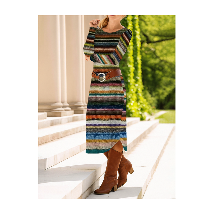 Women Striped Long Sleeve Spring/Fall Dress Crew Neck Daily Casual Midi T-Shirt Dress A-Line Dress