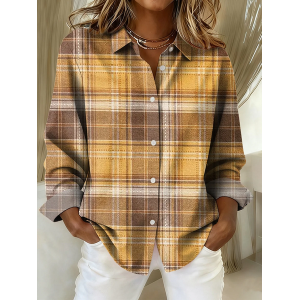 Women Plaid Long Sleeve Shirt Spring/Fall Buckle Shirt Collar Regular Sleeve Daily Casual Top