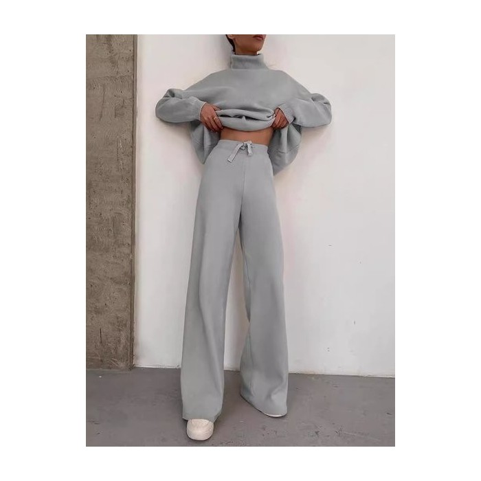 Women Plain Lace-up Two-Piece Set Daily Long Sleeve Casual Spring/Fall Top With Pants Matching Set