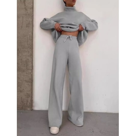 Women Plain Lace-up Two-Piece Set Daily Long Sleeve Casual Spring/Fall Top With Pants Matching Set