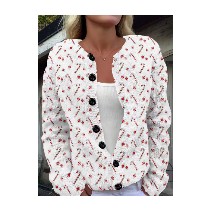 Women Christmas Printing Long Sleeve Crew Neck Vintage Spring/Fall Cardigan Outerwear
