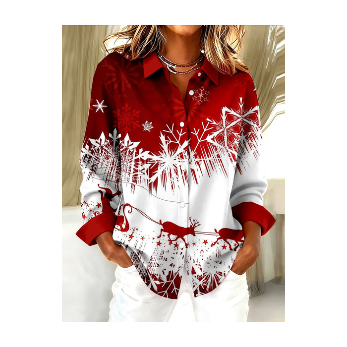 Women Christmas Long Sleeve Shirt Spring/Fall Buckle Shirt Collar Regular Sleeve Daily Casual Top