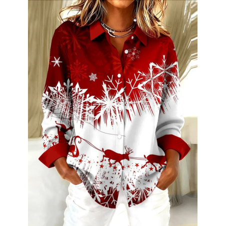 Women Christmas Long Sleeve Shirt Spring/Fall Buckle Shirt Collar Regular Sleeve Daily Casual Top