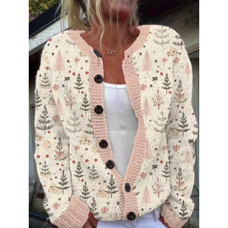 Women Christmas Printing Long Sleeve Crew Neck Vintage Spring/Fall Cardigan Outerwear