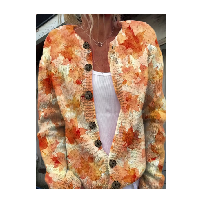 Women Maple Leaf Printing Long Sleeve Crew Neck Vintage Spring/Fall Cardigan Outerwear