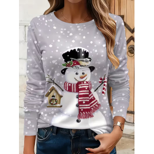 Women Christmas Snowman Long Sleeve Tee T-shirt Crew Neck Printing Casual Spring/Fall Graphic Tee Top