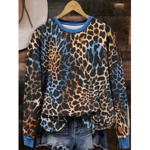 Women Leopard Crew Neck Printing Casual Spring/Fall Long Sleeve Sweatshirt