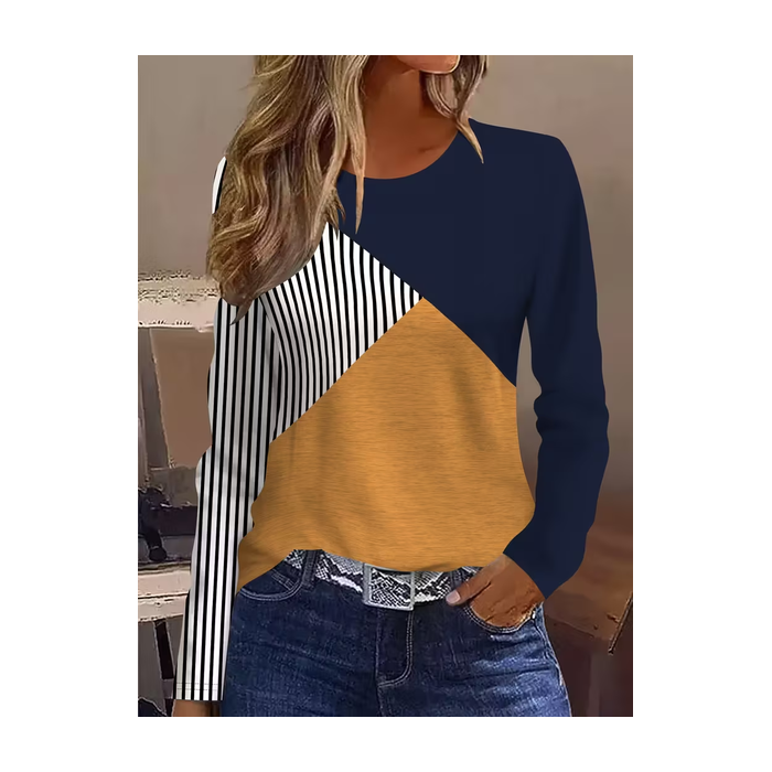 Women Contrast Stitching Long Sleeve Tee T-shirt Crew Neck Printing Casual Spring/Fall Graphic Tee Top
