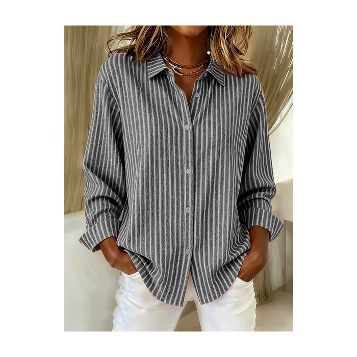 Women Striped Long Sleeve Shirt Spring/Fall Buckle Shirt Collar Regular Sleeve Daily Casual Top