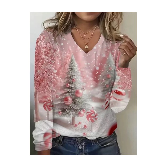 Women Christmas Long Sleeve Tee T-shirt V Neck Printing Casual Spring/Fall Graphic Tee Top