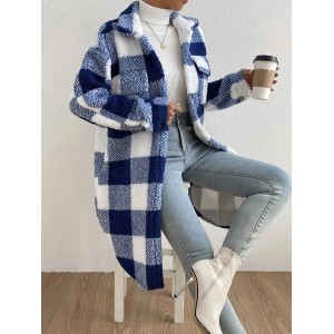 Women's Plaid Winter Outerwear Casual Printing Mid-long Shawl Collar Overcoat