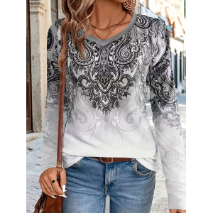 Women Ethnic Long Sleeve Tee T-shirt V Neck Printing Casual Spring/Fall Graphic Tee Top
