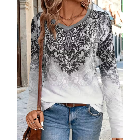 Women Ethnic Long Sleeve Tee T-shirt V Neck Printing Casual Spring/Fall Graphic Tee Top
